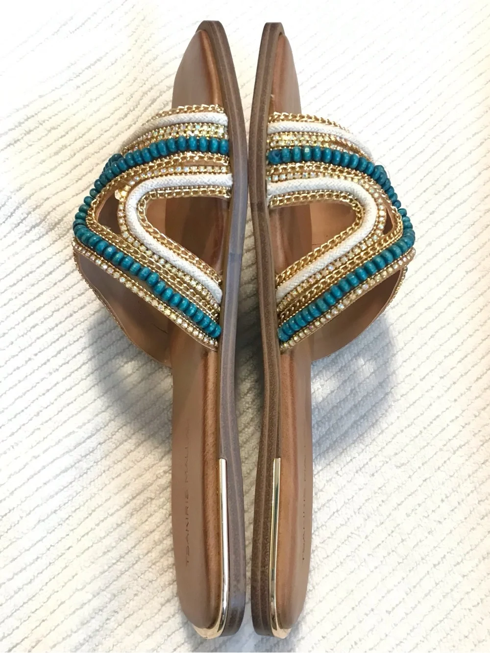Tsakiris Mallas Greek Leather Flat Sandals Turquoise Beaded EU 41 US 10.5 NIB